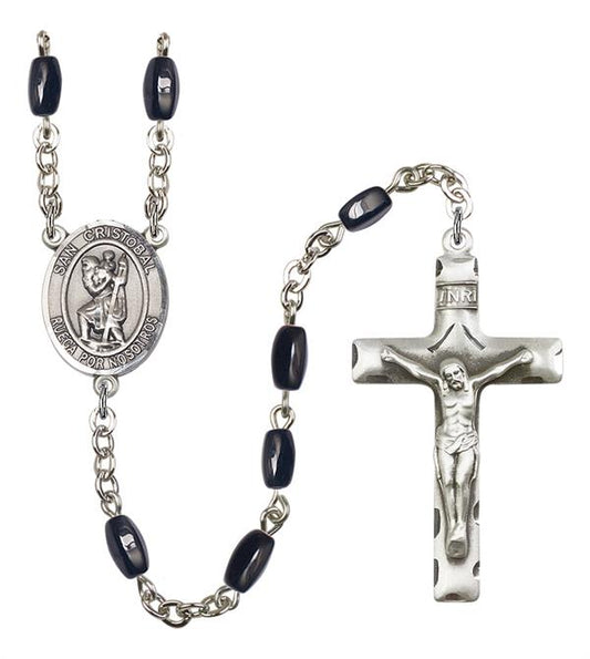 San Cristobal Spanish Rosary, 8x5mm Black Onyx Beads, Silver Plate, # 12694