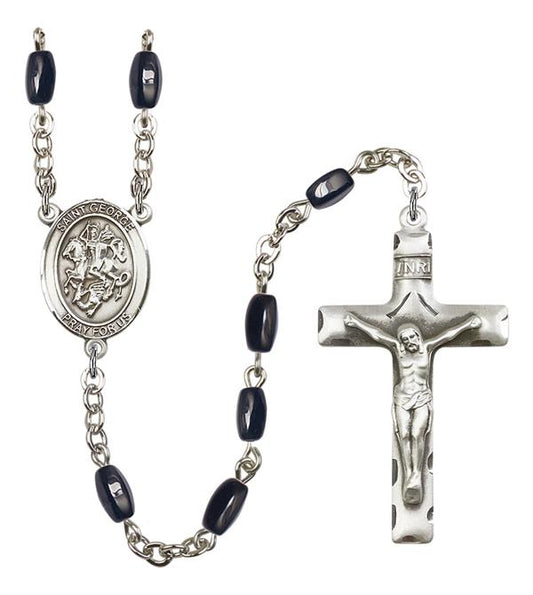 St. George Rosary, 8x5mm Black Onyx Beads, Silver Plate, # 12713