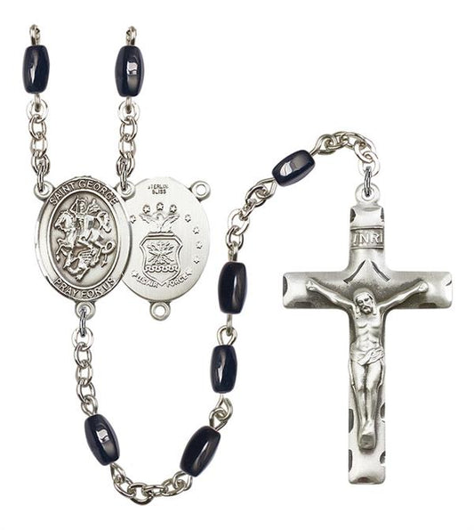 St. George U.S. Air Force Rosary, 8x5mm Black Onyx Beads, Silver Plate, # 12714