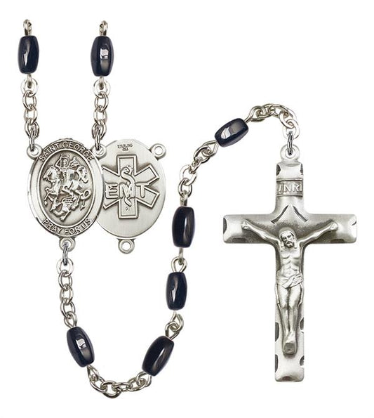 St. George EMT Rosary, 8x5mm Black Onyx Beads, Silver Plate, # 12715