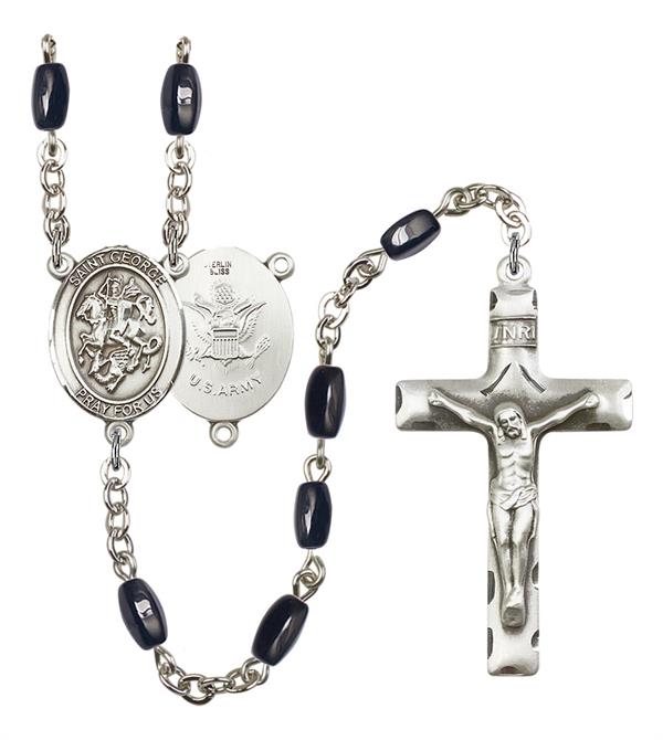 St. George U.S. Army Rosary, 8x5mm Black Onyx Beads, Silver Plate, # 12716