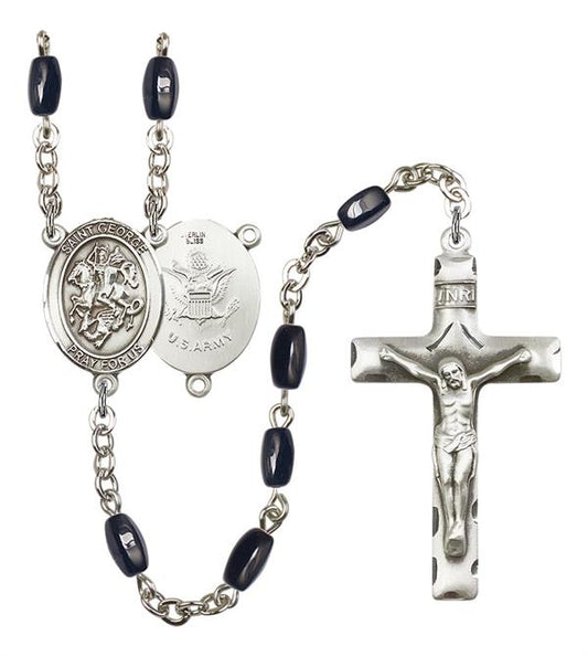 St. George U.S. Army Rosary, 8x5mm Black Onyx Beads, Silver Plate, # 12716