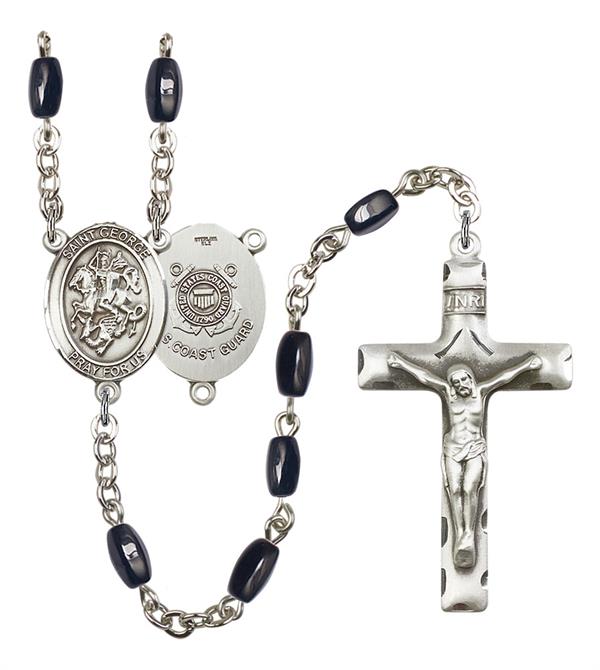 St. George U.S. Coast Guard Rosary, 8x5mm Black Onyx Beads, Silver Plate, # 12717