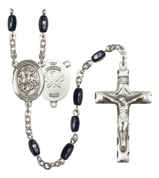 St. George National Guard Rosary, 8x5mm Black Onyx Beads, Silver Plate, # 12719