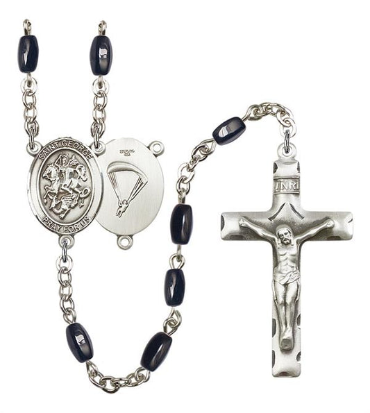 St. George Paratrooper Skydiver Rosary, 8x5mm Black Onyx Beads, Silver Plate, # 12721