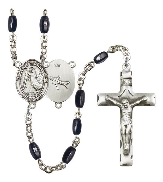 St. Joseph of Cupertino Pilot's Rosary, 8x5mm Black Onyx Beads, Silver Plate, # 12741