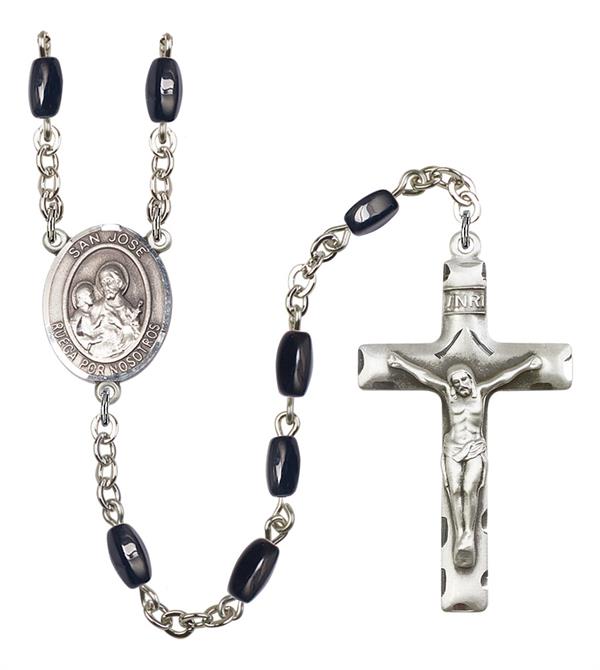 San Jose Rosary, 8x5mm Black Onyx Beads, Silver Plate, # 12743