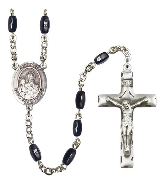 San Jose Rosary, 8x5mm Black Onyx Beads, Silver Plate, # 12743
