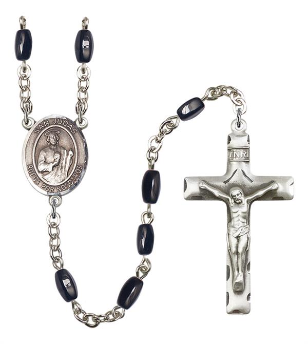 San Judas Spanish Rosary, 8x5mm Black Onyx Beads, Silver Plate, # 12746
