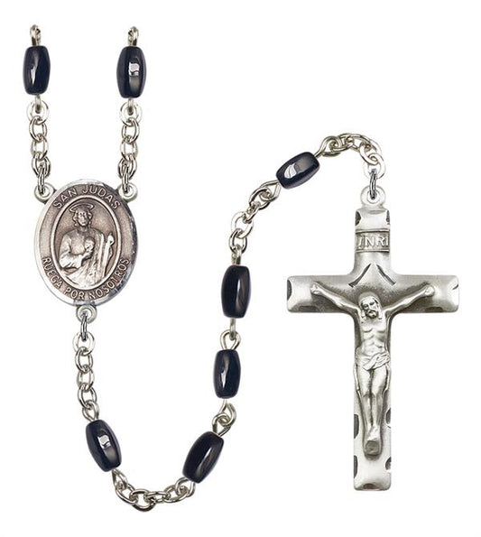 San Judas Spanish Rosary, 8x5mm Black Onyx Beads, Silver Plate, # 12746