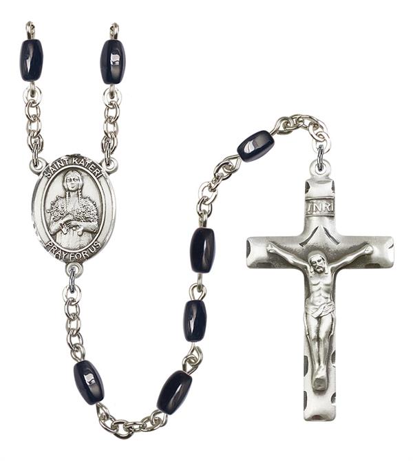 St. Kateri Rosary, 8x5mm Black Onyx Beads, Silver Plate, # 12747