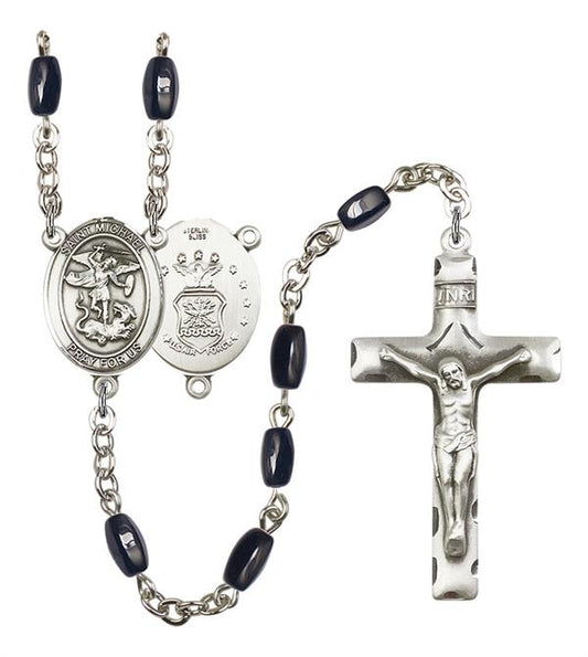 St. Michael U.S. Air Force Rosary, 8x5mm Black Onyx Beads, Silver Plate, # 12764