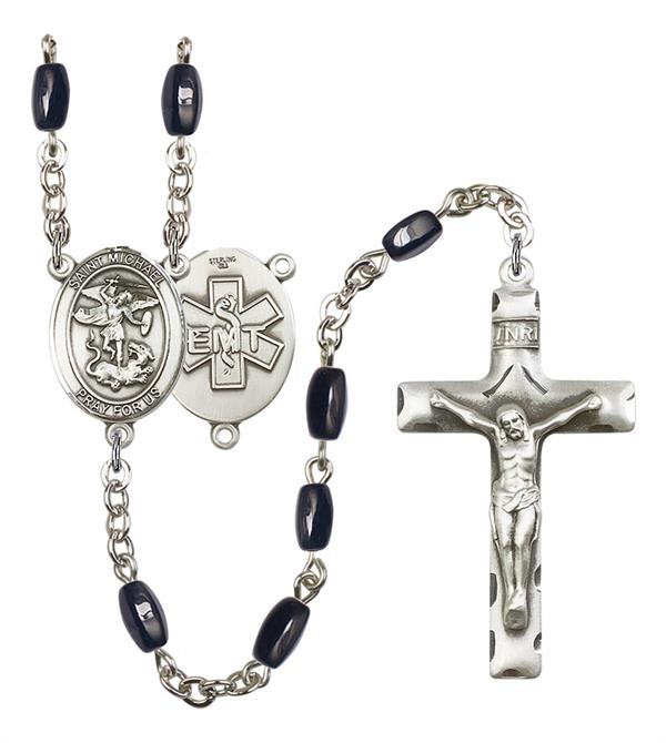 St. Michael EMT Rosary, 8x5mm Black Onyx Beads, Silver Plate, # 12765