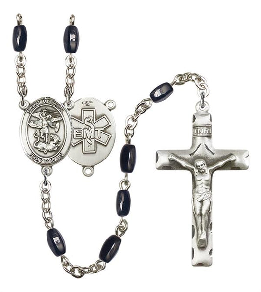 St. Michael EMT Rosary, 8x5mm Black Onyx Beads, Silver Plate, # 12765