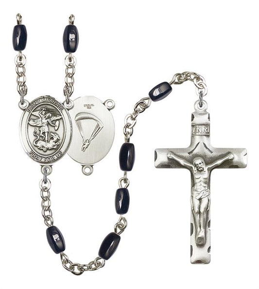 St. Michael Paratrooper Skydiver Rosary, 8x5mm Black Onyx Beads, Silver Plate, # 12771