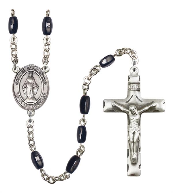 Virgen Milagosa Spanish Rosary, 8x5mm Black Onyx Beads, Silver Plate, # 12775