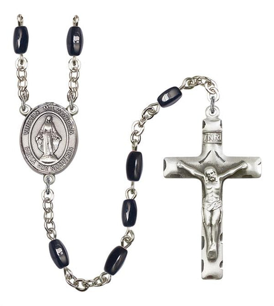 Virgen Milagosa Spanish Rosary, 8x5mm Black Onyx Beads, Silver Plate, # 12775