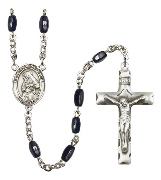 Our Lady of Providence Rosary, 8x5mm Black Onyx Beads, Silver Plate, # 12784