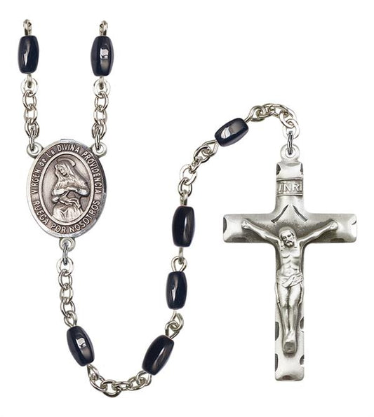 Virgen de la Divina Providencia Spanish Rosary, 8x5mm Black Onyx Beads, Silver Plate, # 12785