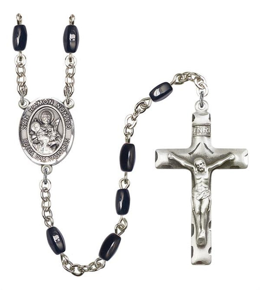 San Ramon Nonato Spanish Rosary, 8x5mm Black Onyx Beads, Silver Plate, # 12791