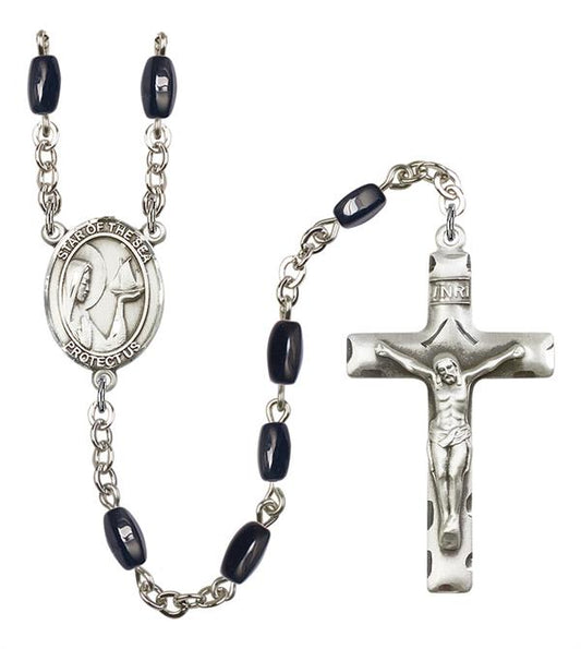 Our Lady Star of the Sea Rosary, 8x5mm Black Onyx Beads, Silver Plate, # 12801