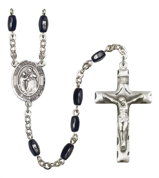 San Juan de Dios Spanish Rosary, 8x5mm Black Onyx Beads, Silver Plate, # 12814