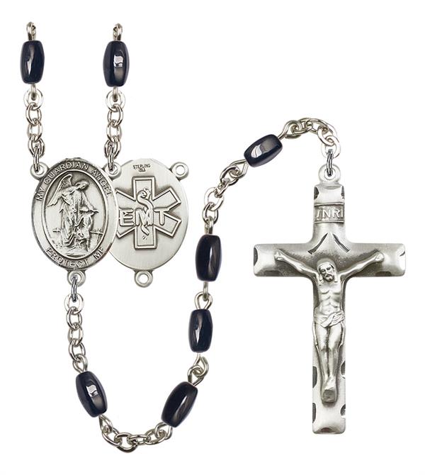 Guardian Angel EMT Rosary, 8x5mm Black Onyx Beads, Silver Plate, # 12822