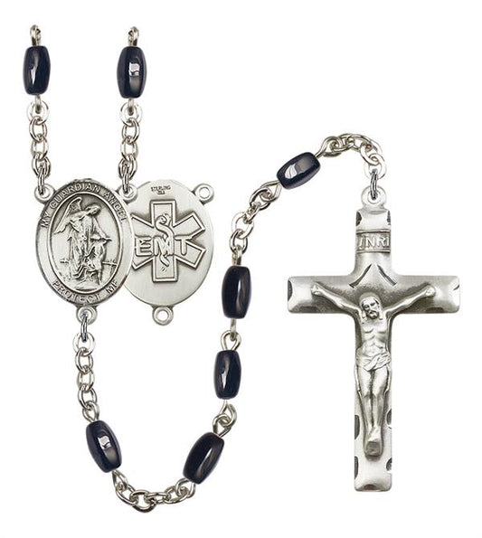 Guardian Angel EMT Rosary, 8x5mm Black Onyx Beads, Silver Plate, # 12822