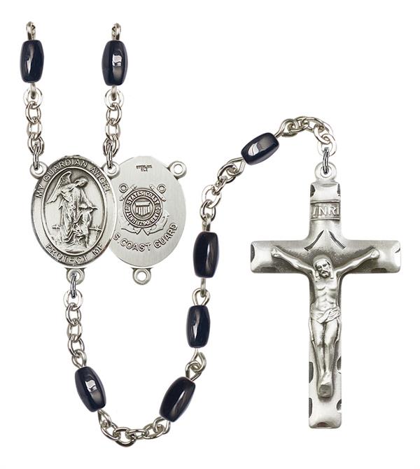 Guardian Angel U.S. Coast Guard Rosary, 8x5mm Black Onyx Beads, Silver Plate, # 12824