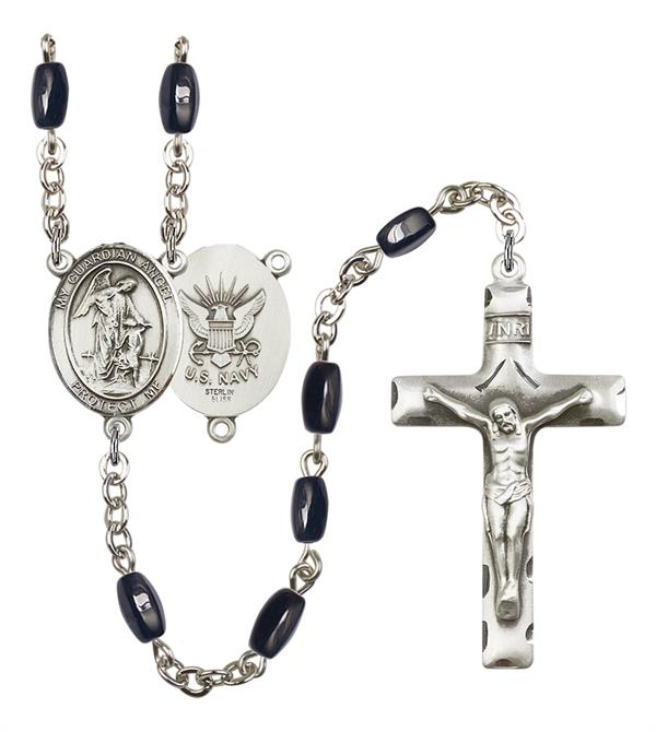 Guardian Angel U.S. Navy Rosary, 8x5mm Black Onyx Beads, Silver Plate, # 12827