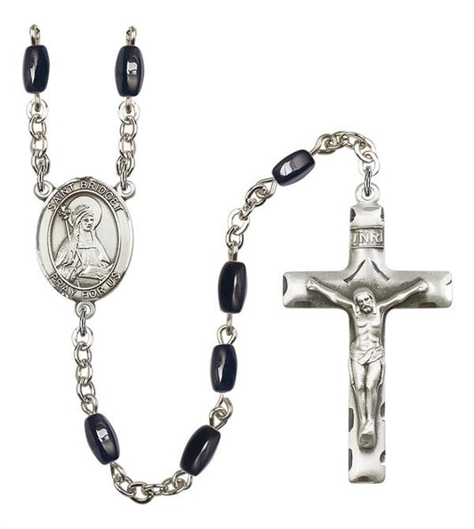 St. Bridget Rosary, 8x5mm Black Onyx Beads, Silver Plate, # 12833