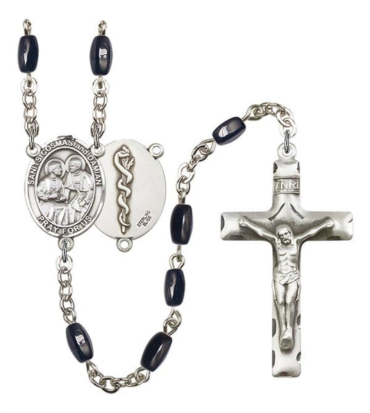 Sts. Cosmas and Damian Doctor's Rosary, 8x5mm Black Onyx Beads, Silver Plate, # 12843