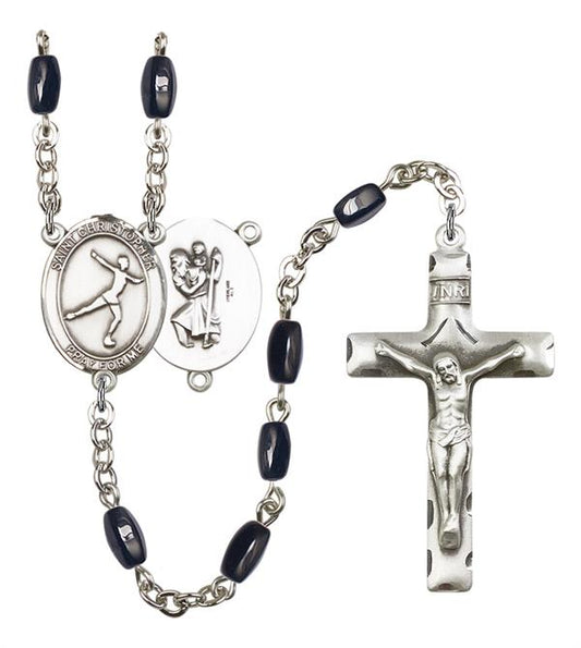 St. Christopher / Figure Skating Rosary, 8x5mm Black Onyx Beads, Silver Plate, # 12850