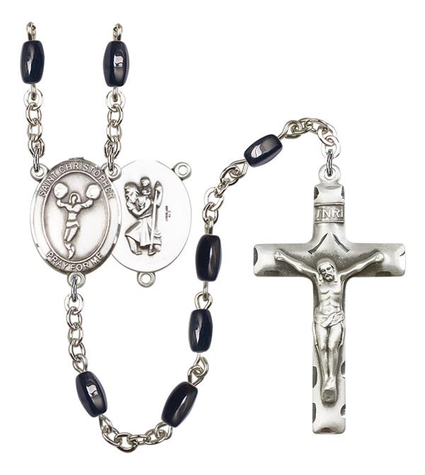 St. Christopher / Cheerleading Rosary, 8x5mm Black Onyx Beads, Silver Plate, # 12851