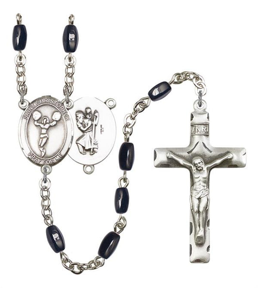 St. Christopher / Cheerleading Rosary, 8x5mm Black Onyx Beads, Silver Plate, # 12851