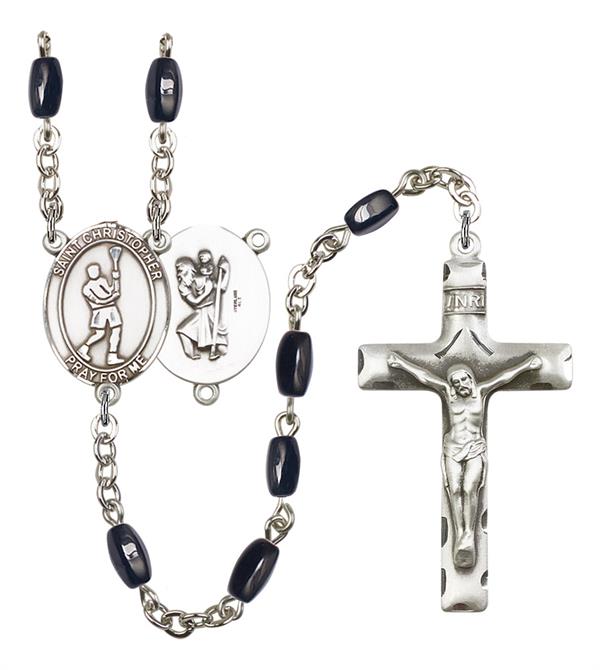 St. Christopher / Lacrosse Rosary, 8x5mm Black Onyx Beads, Silver Plate, # 12854