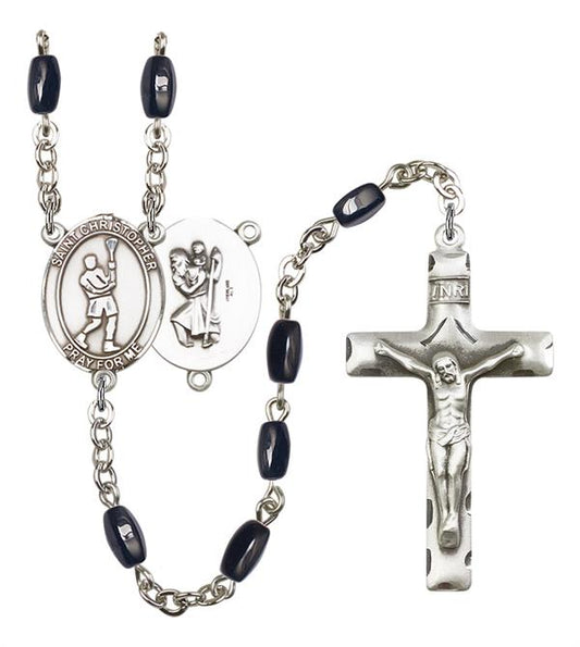 St. Christopher / Lacrosse Rosary, 8x5mm Black Onyx Beads, Silver Plate, # 12854