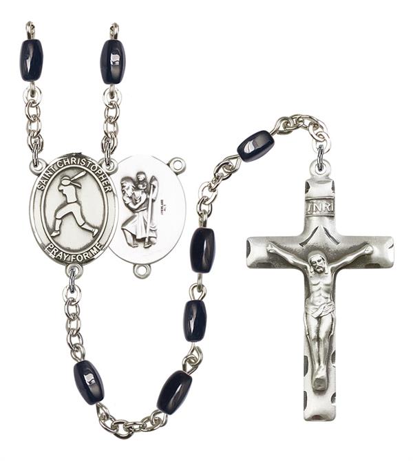 St. Christopher / Women's Softball Rosary, 8x5mm Black Onyx Beads, Silver Plate, # 12855
