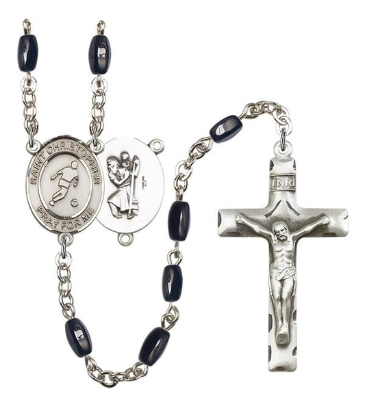 St. Christopher / Soccer Rosary, 8x5mm Black Onyx Beads, Silver Plate, # 12861
