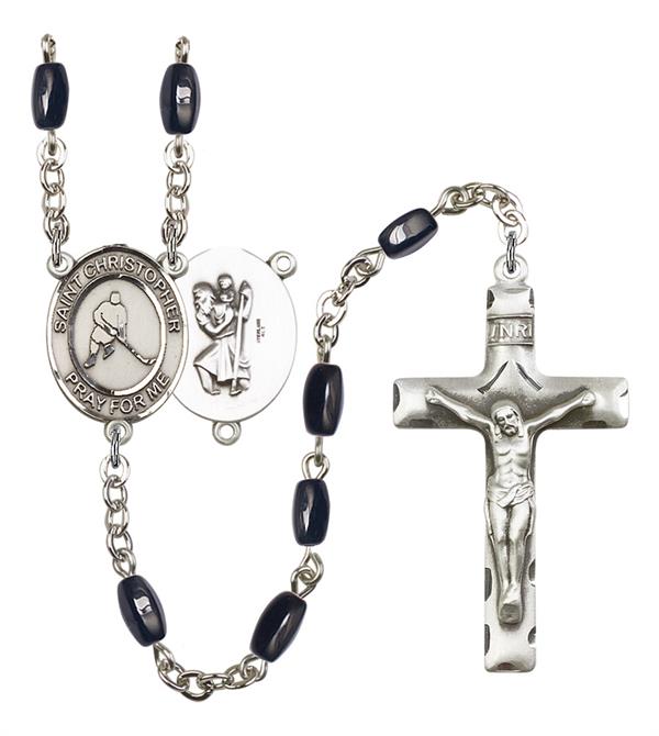 St. Christopher / Ice Hockey Rosary, 8x5mm Black Onyx Beads, Silver Plate, # 12862