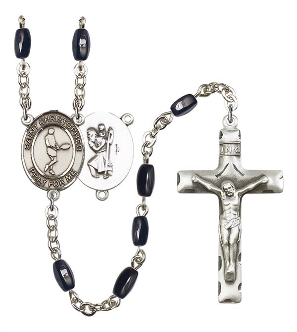 St. Christopher / Tennis Rosary, 8x5mm Black Onyx Beads, Silver Plate, # 12863