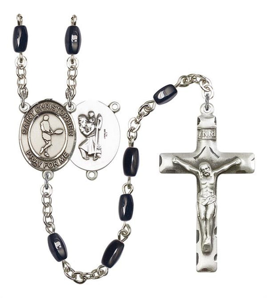 St. Christopher / Tennis Rosary, 8x5mm Black Onyx Beads, Silver Plate, # 12863