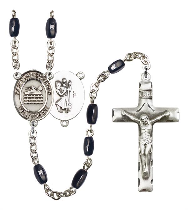 St. Christopher / Swimming Rosary, 8x5mm Black Onyx Beads, Silver Plate, # 12864