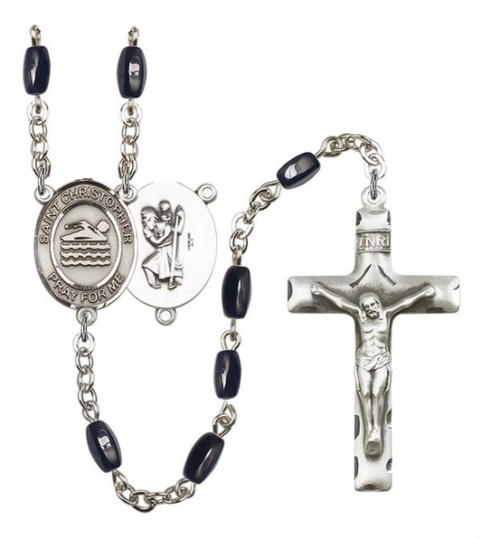St. Christopher / Swimming Rosary, 8x5mm Black Onyx Beads, Silver Plate, # 12864