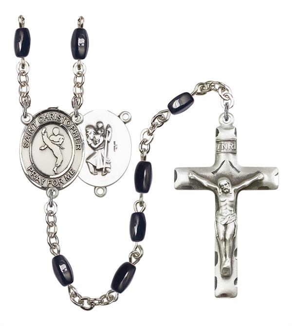 St. Christopher / Martial Arts Rosary, 8x5mm Black Onyx Beads, Silver Plate, # 12865