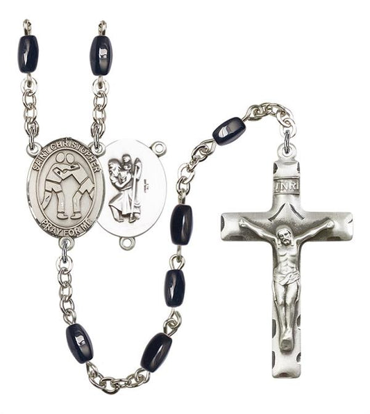 St. Christopher / Wrestling Rosary, 8x5mm Black Onyx Beads, Silver Plate, # 12868