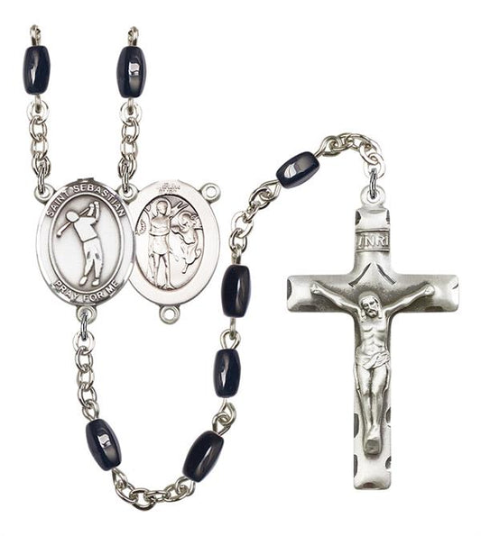 St. Sebastian / Golf Rosary, 8x5mm Black Onyx Beads, Silver Plate, # 12871