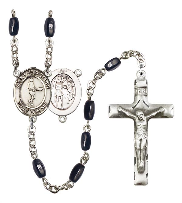 St. Sebastian / Tennis Rosary, 8x5mm Black Onyx Beads, Silver Plate, # 12875