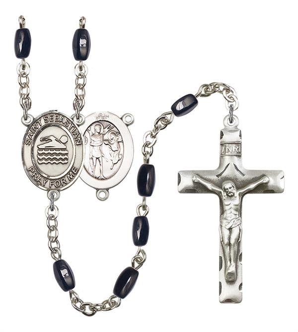 St. Sebastian / Swimming Rosary, 8x5mm Black Onyx Beads, Silver Plate, # 12876