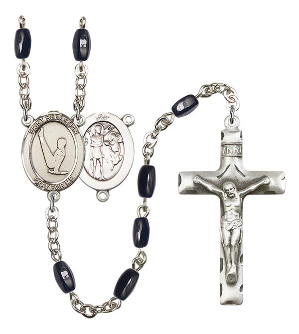 St. Sebastian / Gymnastics Rosary, 8x5mm Black Onyx Beads, Silver Plate, # 12881